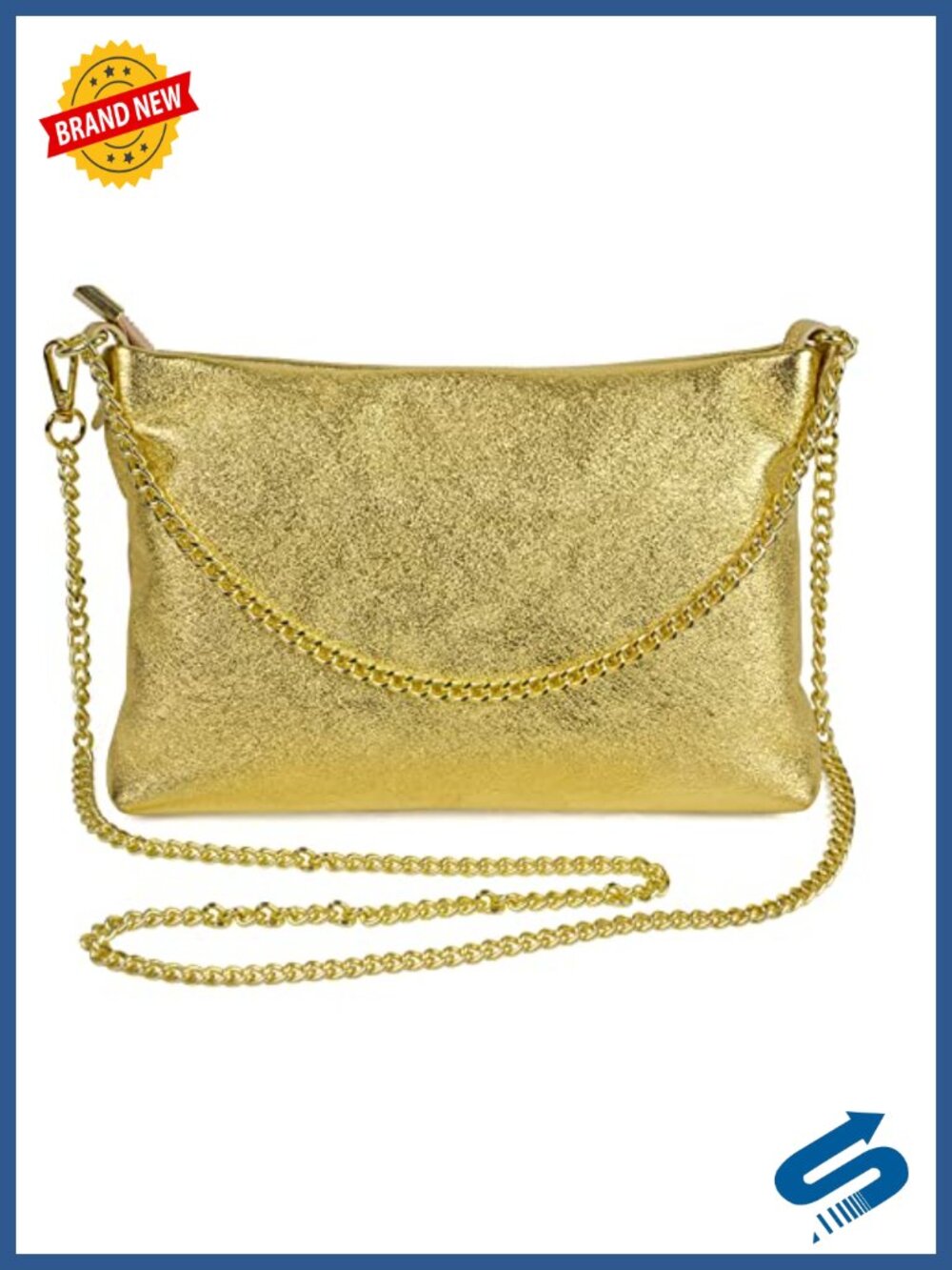 Genuine Calf Leather Evening Bag Gold-Tone Chain Strap Crossbody